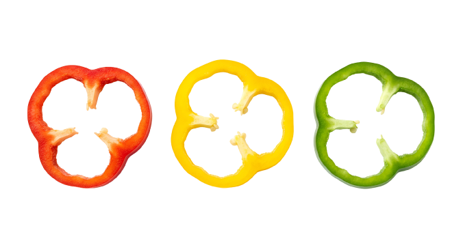 Red, yellow, and green pepper rings